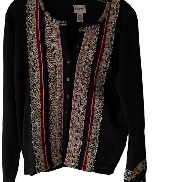 Chico's Multi- Colored Lace Stripe Button Cardigan Sweater - Picture 4 of 8